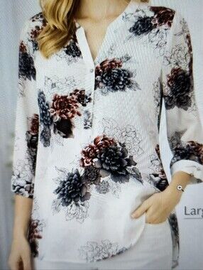 Daniel Rainn Ivory Floral V-Neck Tunic with Black & Burgundy Blooms